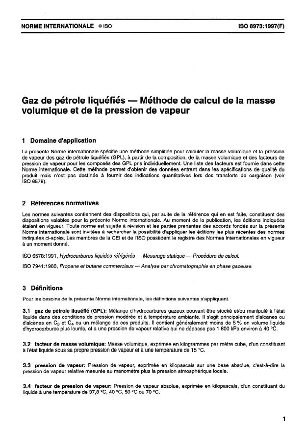 ISO 8973:1997 - Gaz de pétrole liquéfiés -- Méthode de calcul de la masse volumique et de la pression de vapeur