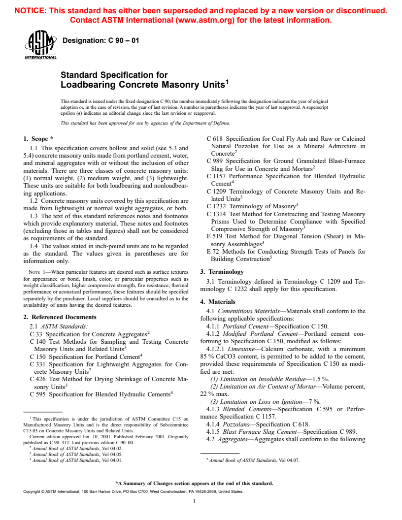 ASTM C90-01 - Standard Specification for Loadbearing Concrete Masonry Units