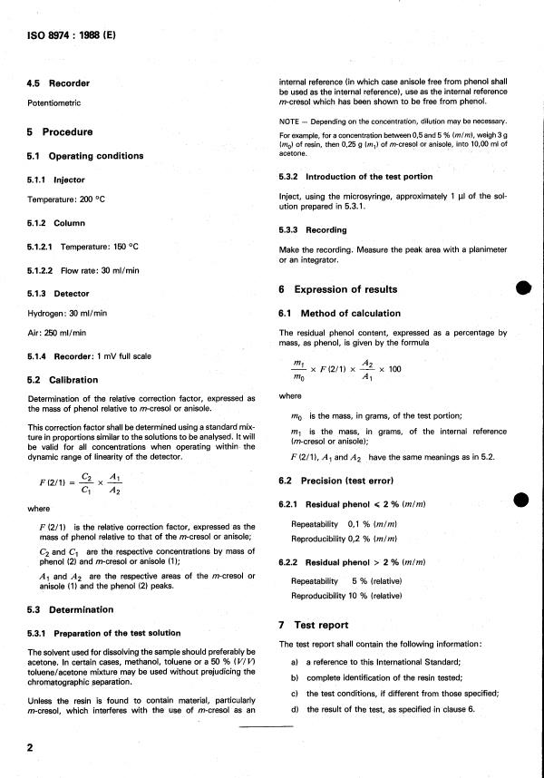 ISO 8974:1988 ISO 8974:1988 - Plastics -- Phenolic resins -- Determination of residual phenol content by gas chromatography - Page 4 preview