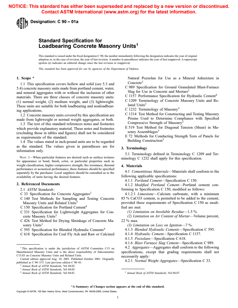 ASTM C90-01a - Standard Specification for Loadbearing Concrete Masonry Units