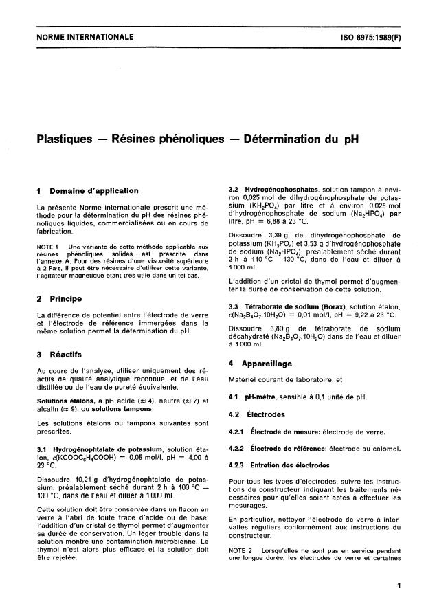 ISO 8975:1989 - Plastiques -- Résines phénoliques -- Détermination du pH