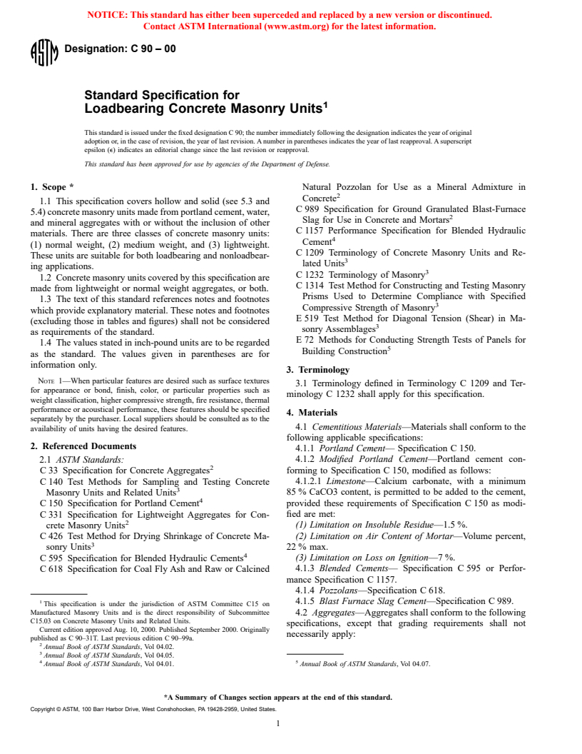 ASTM C90-00 - Standard Specification for Loadbearing Concrete Masonry Units