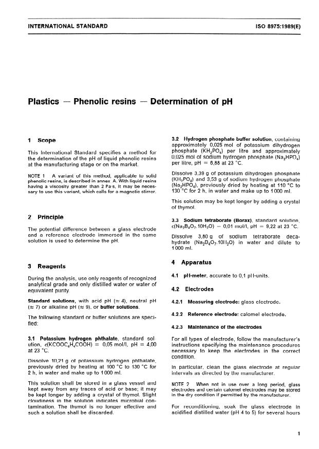 ISO 8975:1989 - Plastics -- Phenolic resins -- Determination of pH