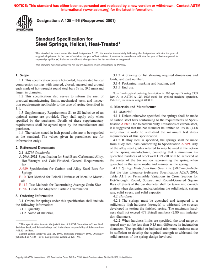 ASTM A125-96(2001) - Standard Specification for Steel Springs, Helical, Heat-Treated