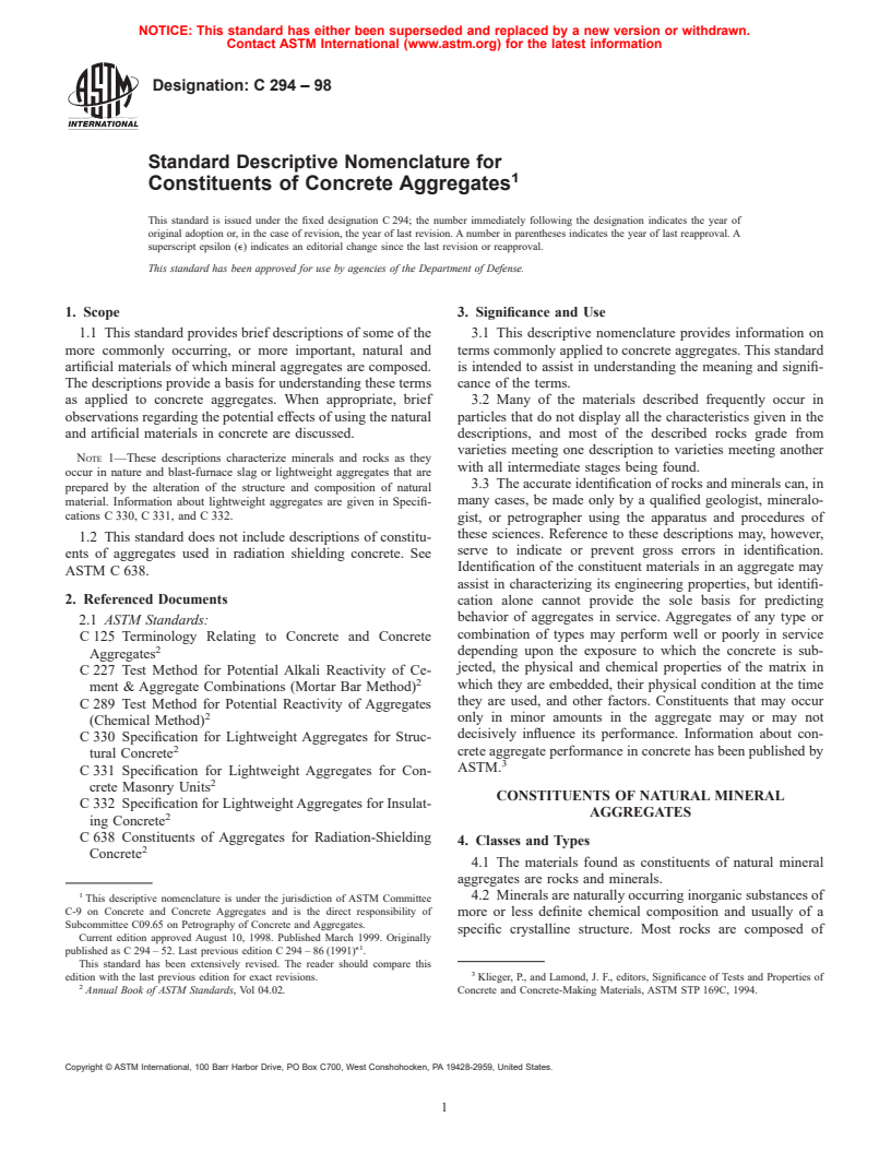 ASTM C294-98 - Standard Descriptive Nonmenclature for Constituents of Concrete Aggregates