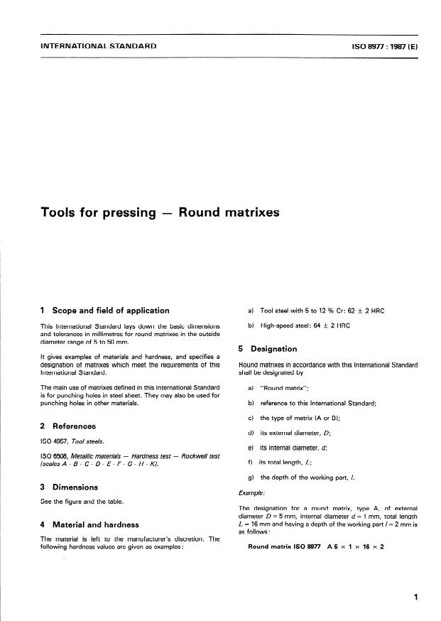 ISO 8977:1987 - Tools for pressing -- Round matrixes