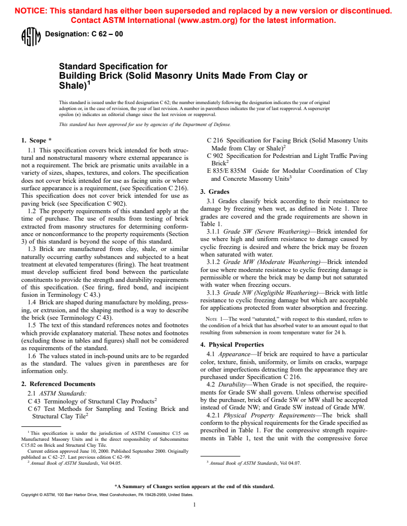 ASTM C62-00 - Standard Specification for Building Brick (Solid Masonry Units Made From Clay or Shale)