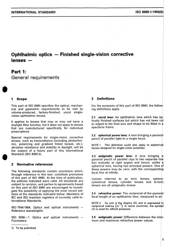 ISO 8980-1:1992 - Ophthalmic optics -- Finished single-vision corrective lenses