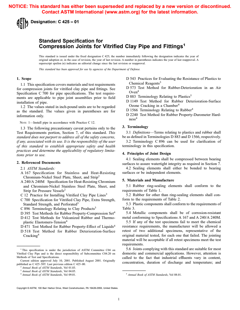 ASTM C425-01 - Standard Specification for Compression Joints for Vitrified Clay Pipe and Fittings