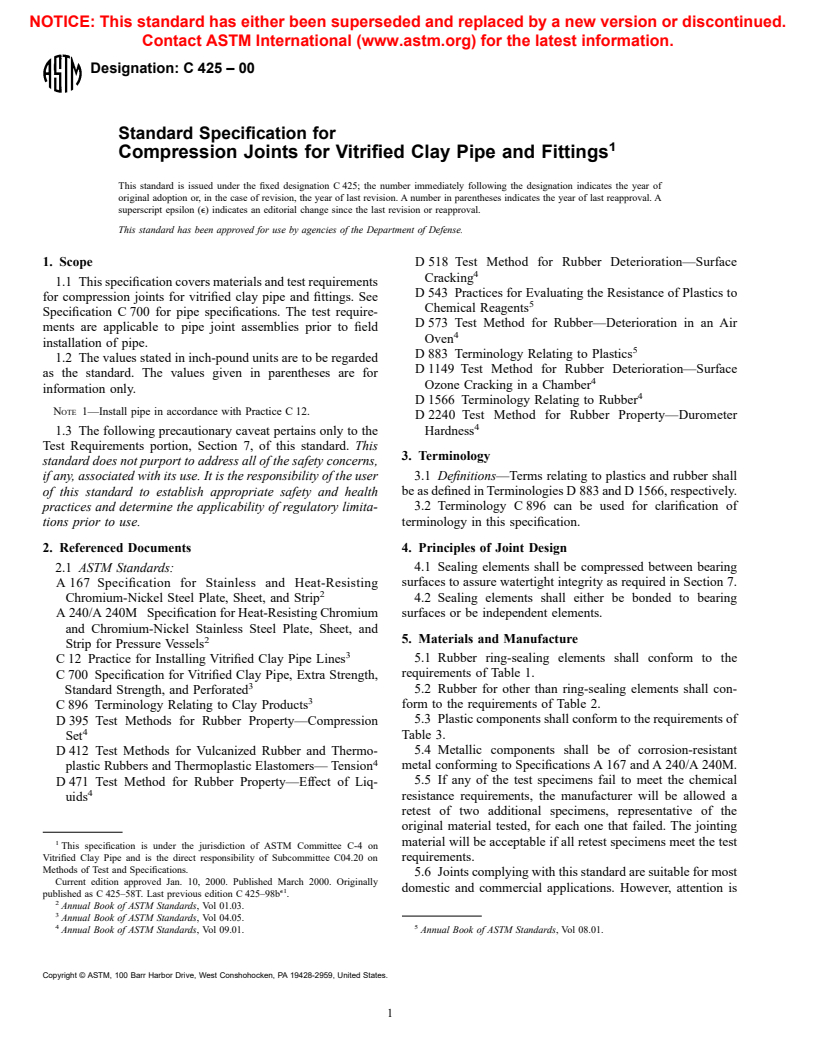 ASTM C425-00 - Standard Specification for Compression Joints for Vitrified Clay Pipe and Fittings