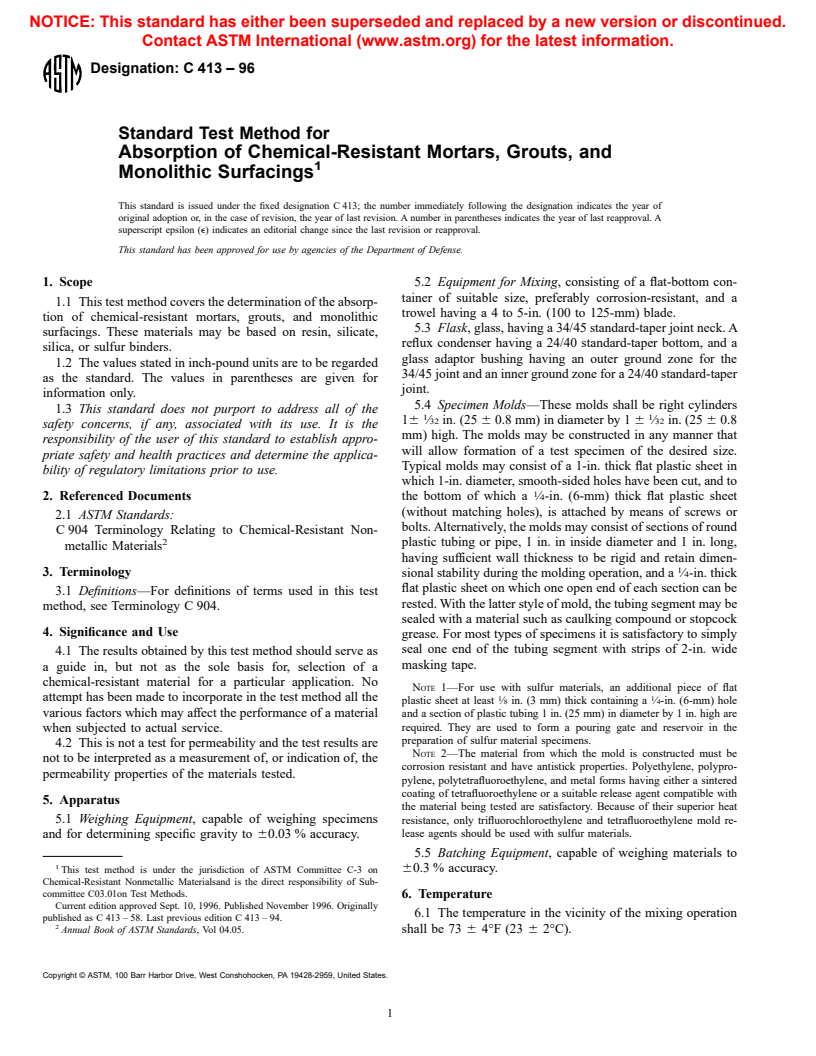 ASTM C413-96 - Standard Test Method for Absorption of Chemical-Resistant Mortars, Grouts, and Monolithic Surfacings and Polymer Concretes