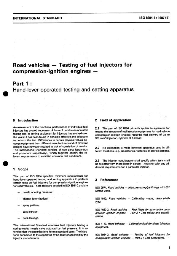 ISO 8984-1:1987 - Road vehicles -- Testing of fuel injectors for compression-ignition engines