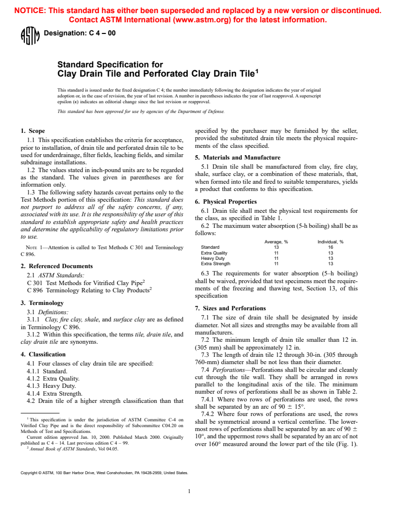 ASTM C4-00 - Standard Specification for Clay Drain Tile and Perforated Clay Drain Tile