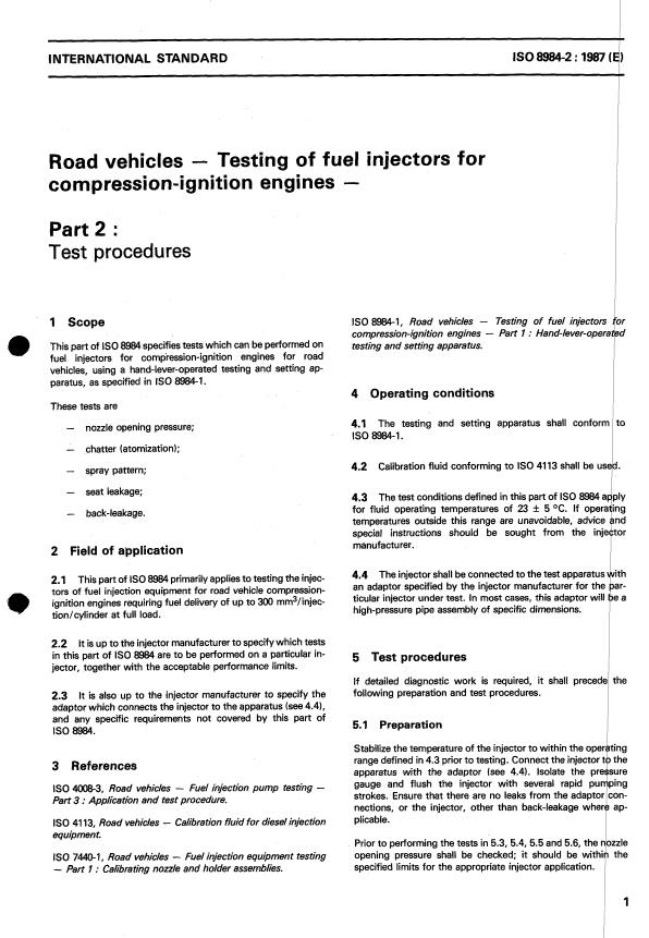 ISO 8984-2:1987 - Road vehicles -- Testing of fuel injectors for compression-ignition engines