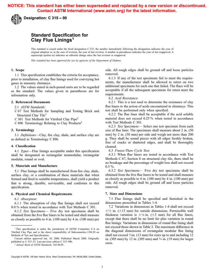 ASTM C315-00 - Standard Specification for Clay Flue Linings