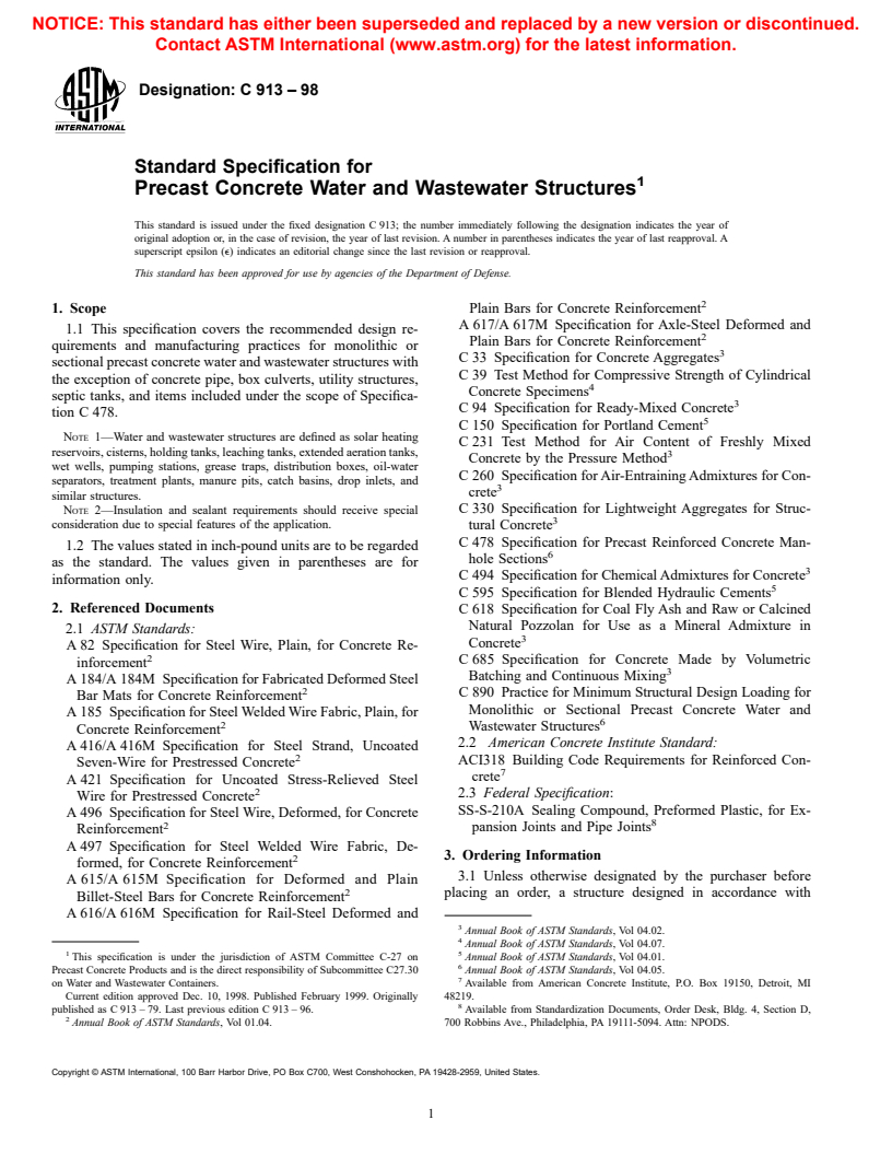 ASTM C913-98 - Standard Specification for Precast Concrete Water and Wastewater Structures