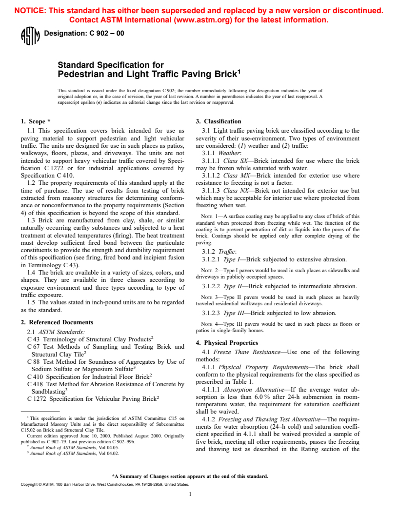 ASTM C902-00 - Standard Specification for Pedestrian and Light Traffic Paving Brick