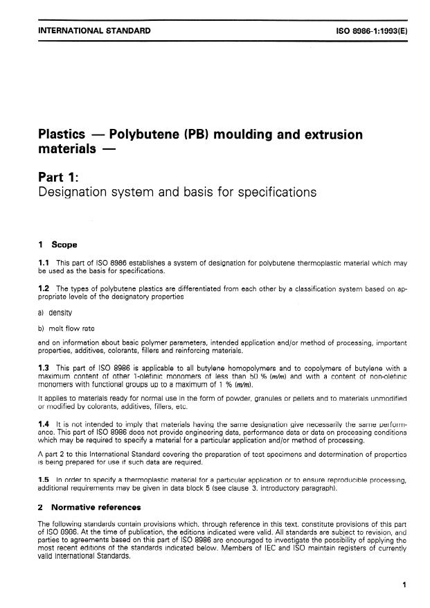 ISO 8986-1:1993 - Plastics -- Polybutene (PB) moulding and extrusion materials