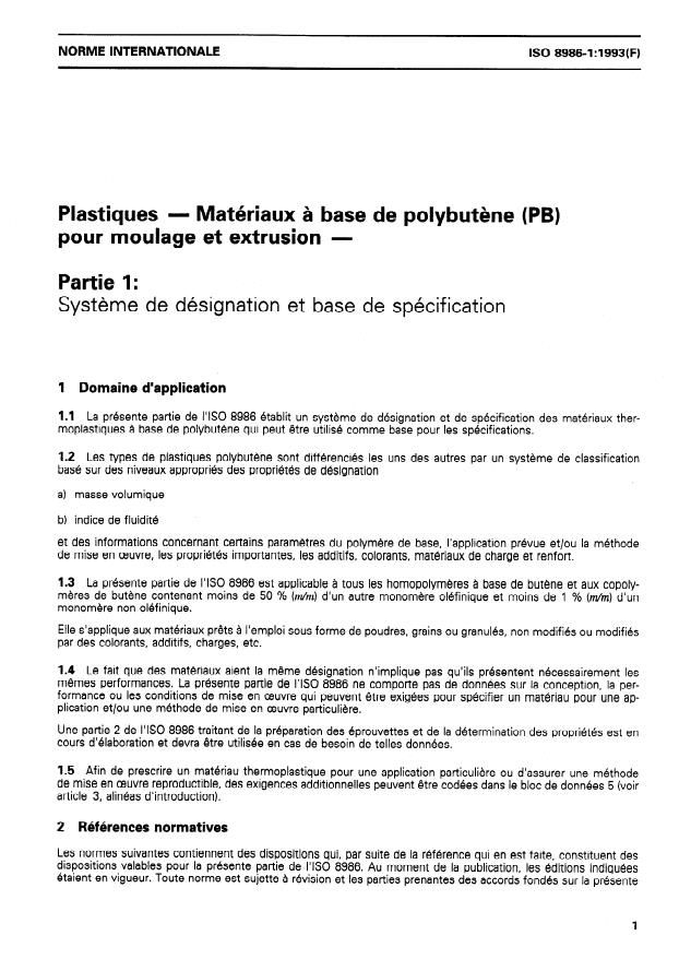 ISO 8986-1:1993 - Plastiques -- Matériaux a base de polybutene (PB) pour moulage et extrusion