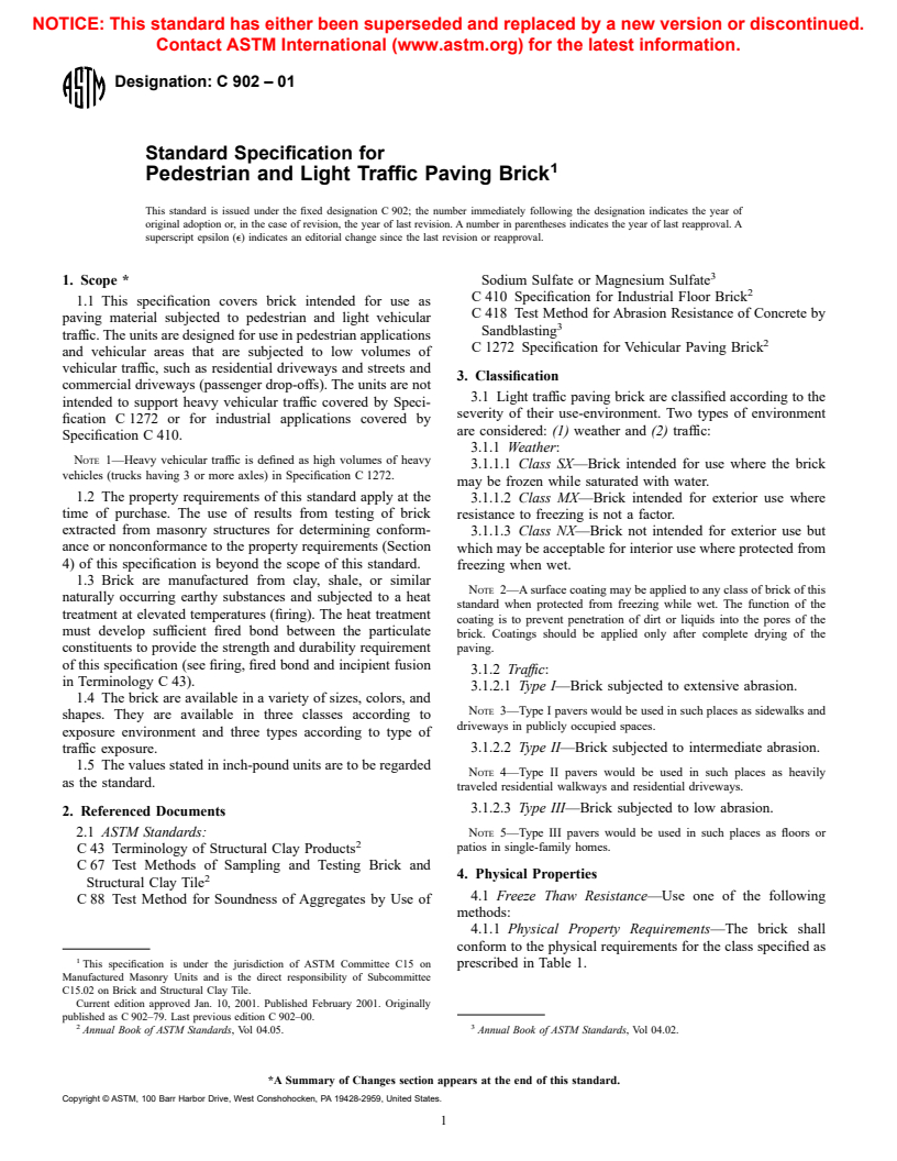 ASTM C902-01 - Standard Specification for Pedestrian and Light Traffic Paving Brick