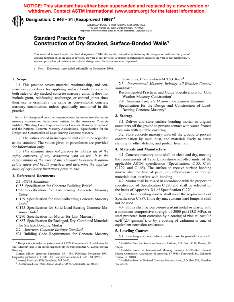 ASTM C946-91(1996)e1 - Standard Practice for Construction of Dry-Stacked, Surface-Bonded Walls