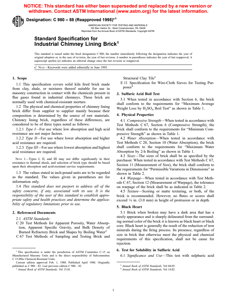 ASTM C980-88(1995)e1 - Standard Specification for Industrial Chimney Lining Brick