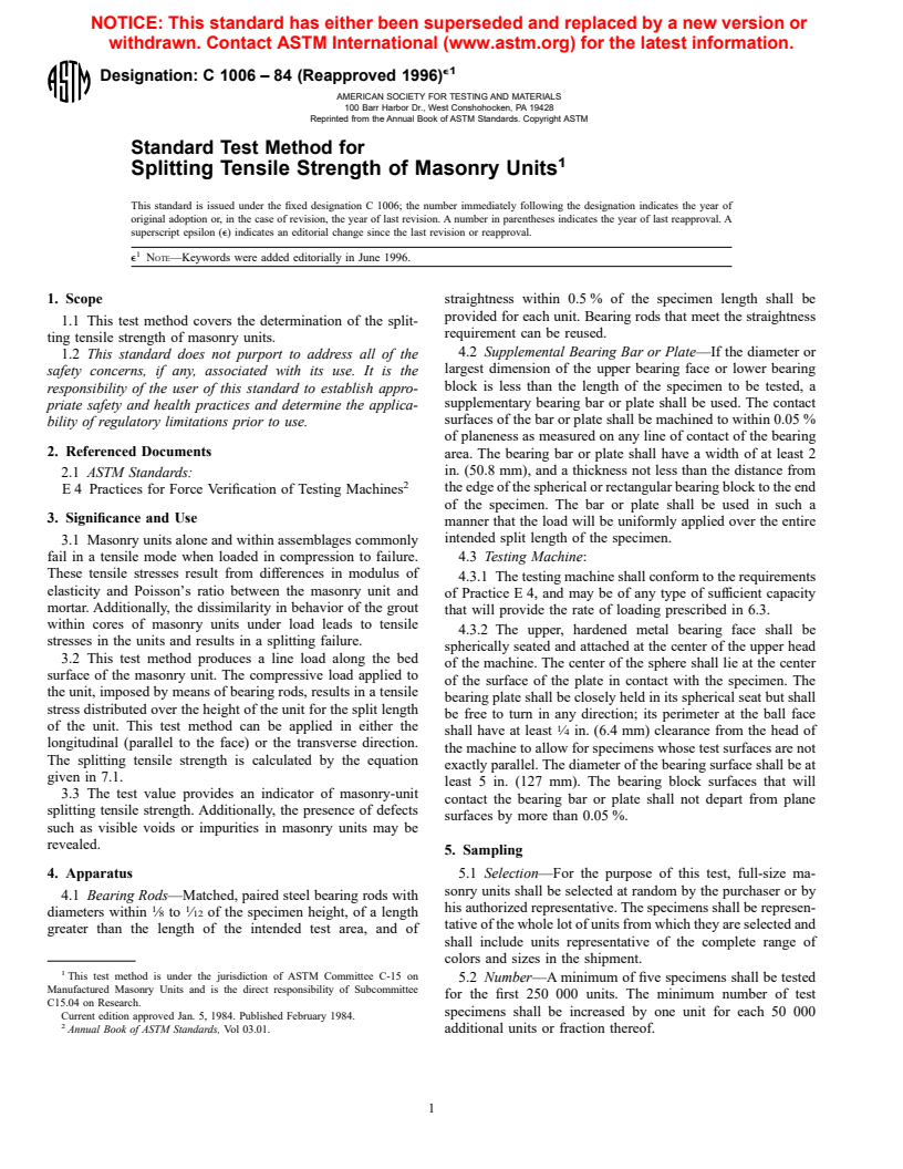 ASTM C1006-84(1996)e1 - Standard Test Method for Splitting Tensile Strength of Masonry Units