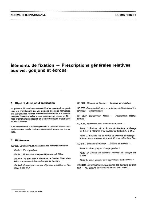 ISO 8992:1986 - Éléments de fixation -- Prescriptions générales relatives aux vis, goujons et écrous
