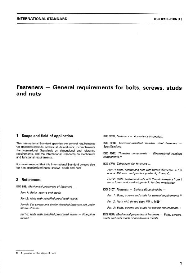 ISO 8992:1986 - Fasteners -- General requirements for bolts, screws, studs and nuts