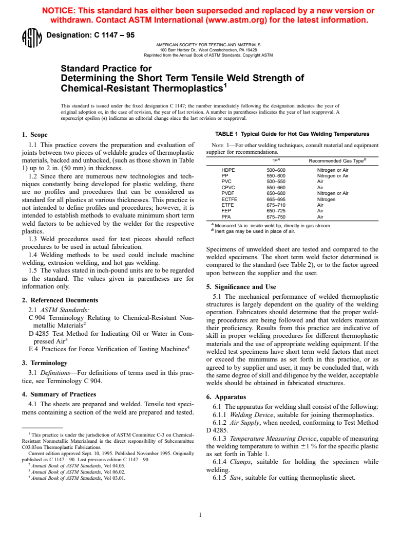 ASTM C1147-95 - Standard Practice for Determining the Short Term Tensile Weld Strength of Chemical-Resistant Thermoplastics