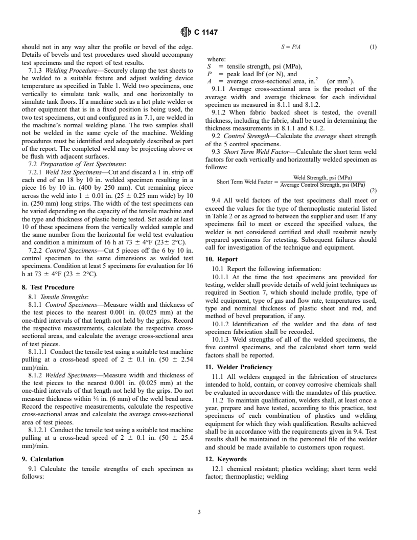 ASTM C1147-95 - Standard Practice for Determining the Short Term Tensile Weld Strength of Chemical-Resistant Thermoplastics