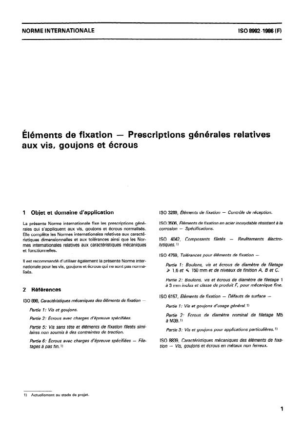 ISO 8992:1986 - Éléments de fixation -- Prescriptions générales relatives aux vis, goujons et écrous