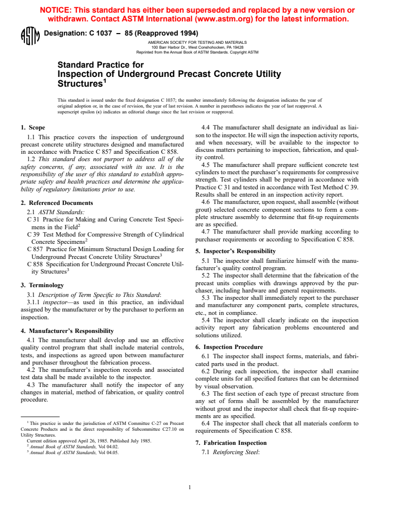 ASTM C1037-85(1994) - Standard Practice for Inspection of Underground Precast Concrete Utility Structures