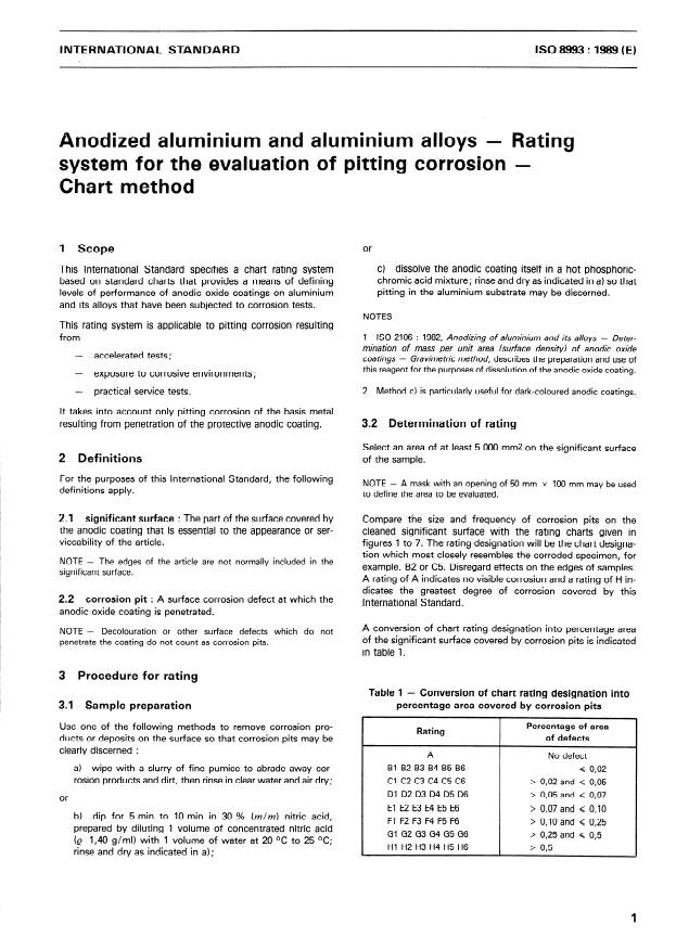 ISO 8993:1989 - Anodized aluminium and aluminium alloys -- Rating system for the evaluation of pitting corrosion -- Chart method