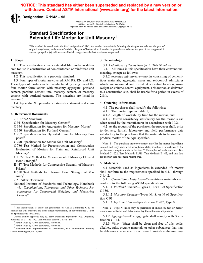 ASTM C1142-95 - Standard Specification for Extended Life Mortar for Unit Masonry