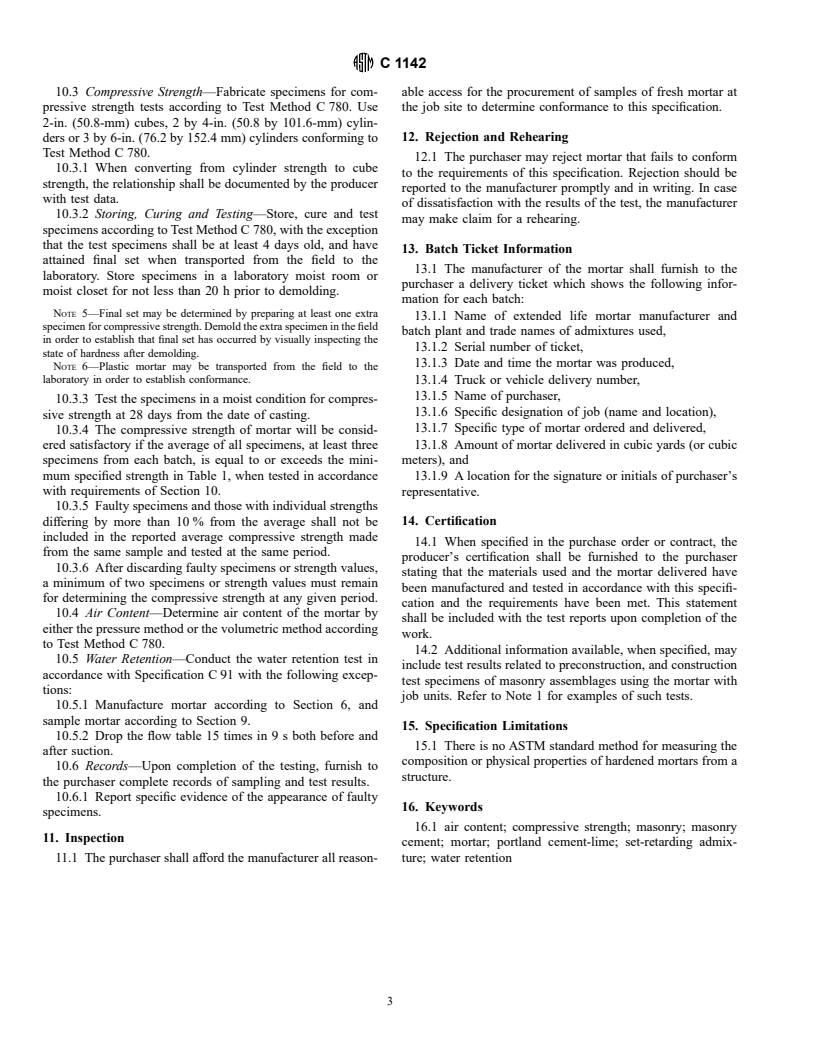 ASTM C1142-95 - Standard Specification for Extended Life Mortar for Unit Masonry