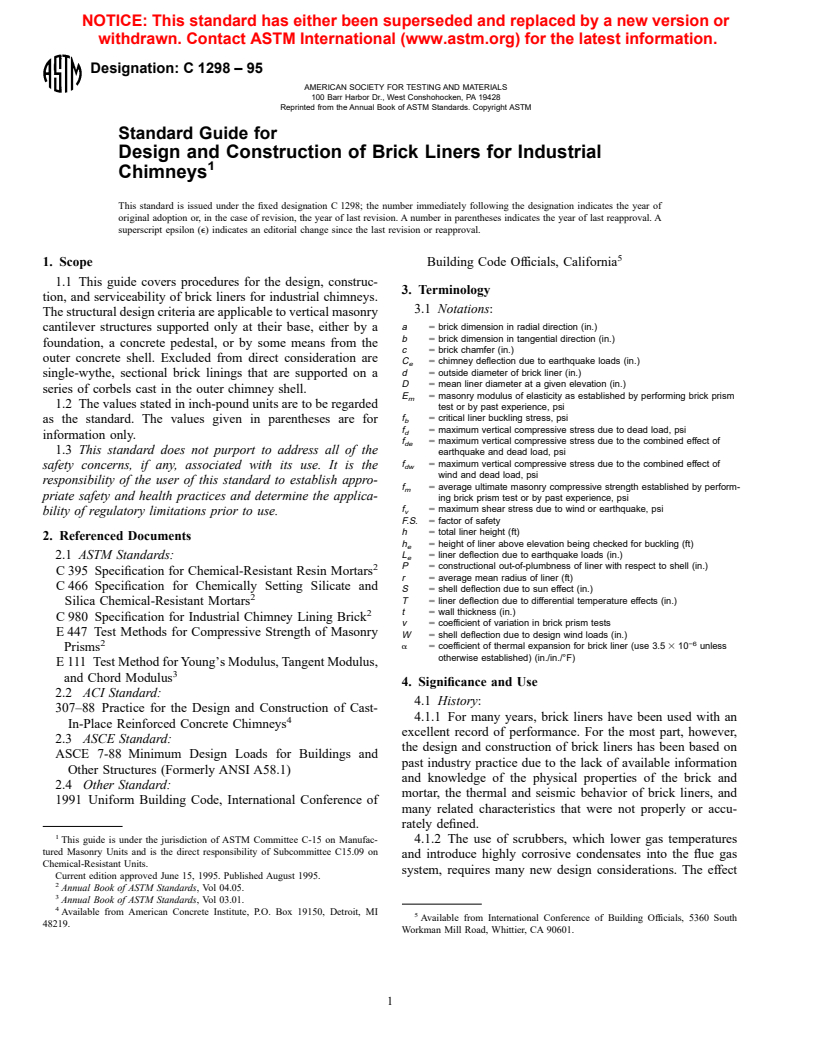 ASTM C1298-95 - Standard Guide for the Design and Construction of Brick Liners for Industrial Chimneys