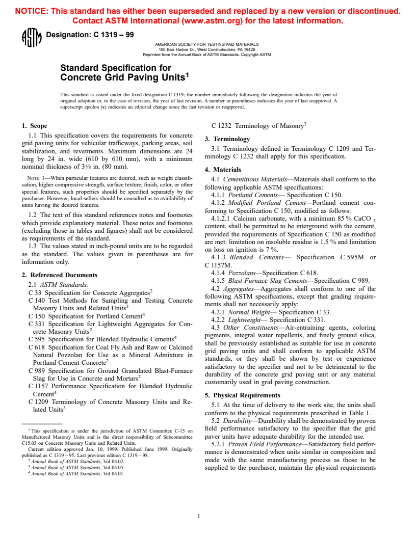 ASTM C1319-99 - Standard Specification for Concrete Grid Paving Units