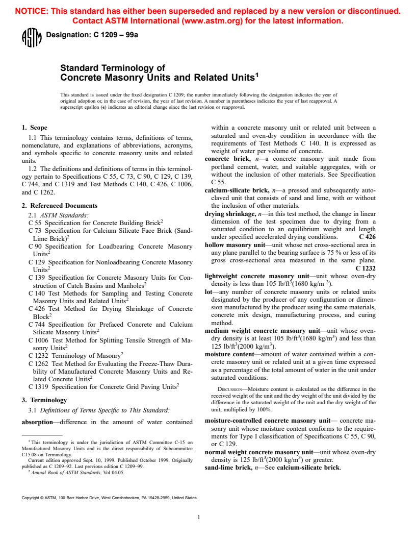 ASTM C1209-99a - Standard Terminology of Concrete Masonry Units and Related Units