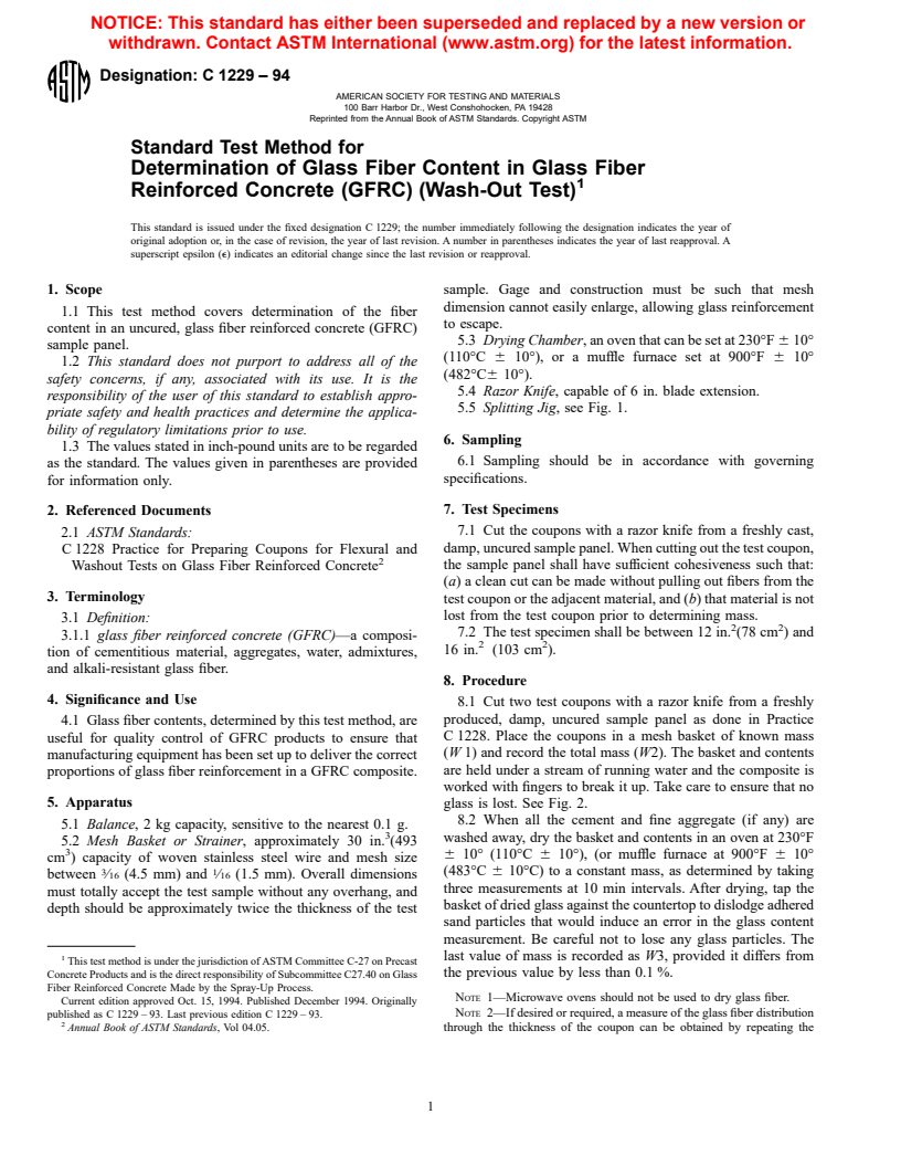 ASTM C1229-94 - Standard Test Method for Determination of Glass Fiber Content in Glass Fiber Reinforced Concrete (GFRC) (Wash-Out Test)