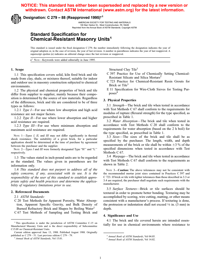 ASTM C279-88(1995)e1 - Standard Specification for Chemical-Resistant Masonry Units