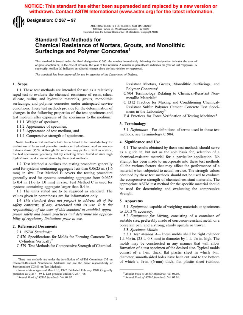 ASTM C267-97 - Standard Test Methods for Chemical Resistance of Mortars, Grouts, and Monolithic Surfacings and Polymer Concretes