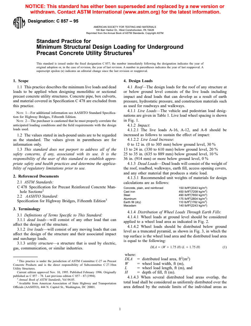 ASTM C857-95 - Standard Practice for Minimum Structural Design Loading for Underground Precast Concrete Utility Structures