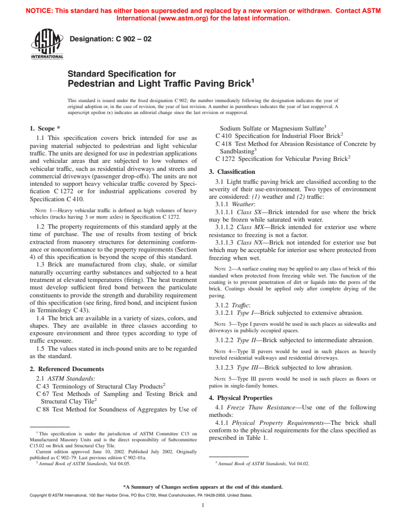 ASTM C902-02 - Standard Specification for Pedestrian and Light Traffic Paving Brick