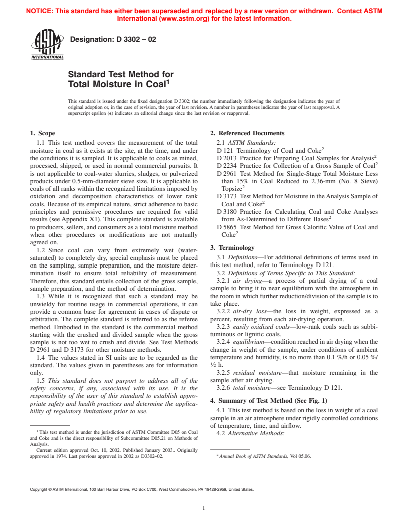 ASTM D3302-02 - Standard Test Method for Total Moisture in Coal