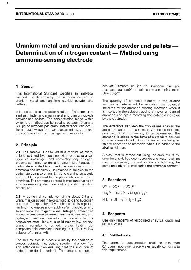 ISO 9006:1994 - Uranium metal and uranium dioxide powder and pellets -- Determination of nitrogen content -- Method using ammonia-sensing electrode