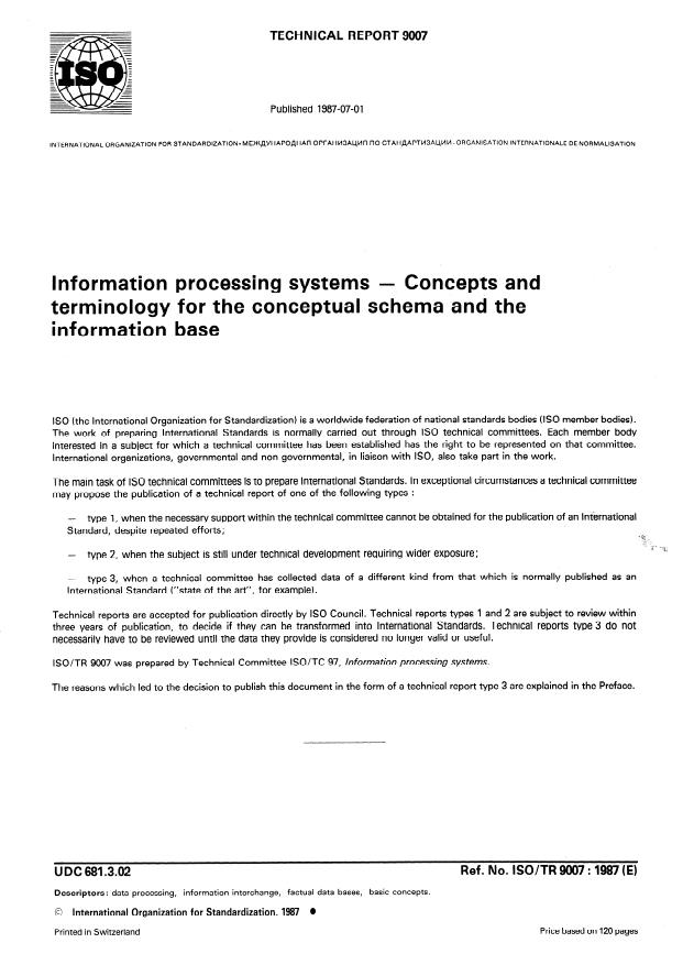 ISO/TR 9007:1987 - Information processing systems -- Concepts and terminology for the conceptual schema and the information base