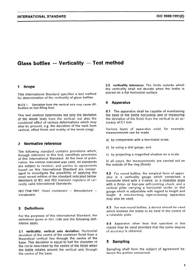 ISO 9008:1991 - Glass bottles -- Verticality -- Test method
