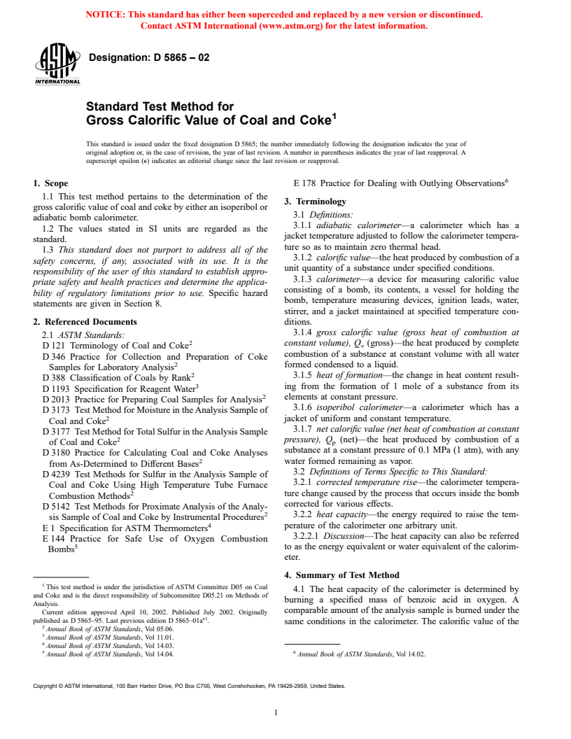 ASTM D5865-02 - Standard Test Method for Gross Calorific Value of Coal and Coke