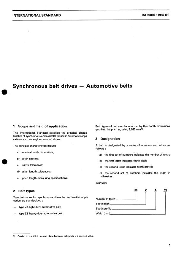 ISO 9010:1987 - Synchronous belt drives -- Automotive belts